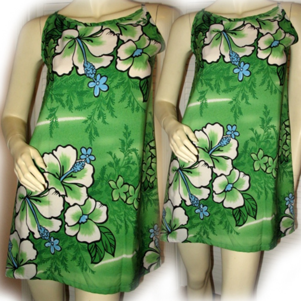 Vintage Y2K 90s Hawaiian/Hawaii Floral Mini Shift Dress S Hibiscus Flowers Green